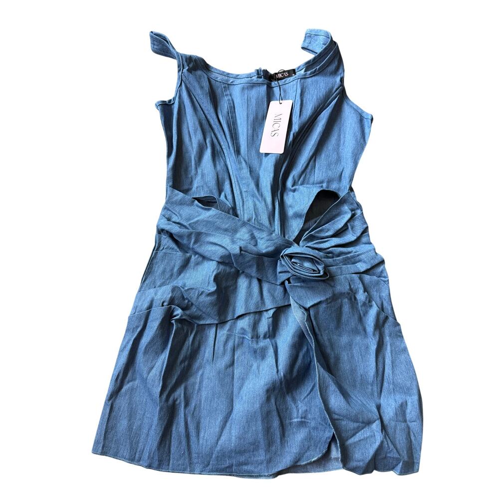 Micas 3D Flower Ruched Girly Tank Mid Wash Mini Denim Dress XL - Picture 2 of 6